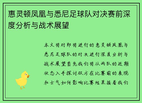 惠灵顿凤凰与悉尼足球队对决赛前深度分析与战术展望