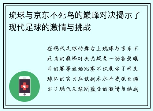 琉球与京东不死鸟的巅峰对决揭示了现代足球的激情与挑战